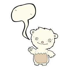 cartoon waving polar bear cub with speech bubble