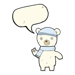 cartoon waving polar bear with speech bubble
