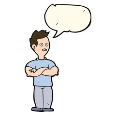 cartoon man with crossed arms with speech bubble