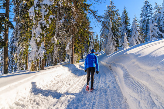 Unidentified runner tourist on trail in winter landscape of Gorce Mountains, Poland
