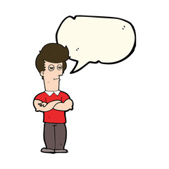 cartoon man with folded arms with speech bubble