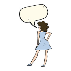 cartoon woman posing in dress with speech bubble