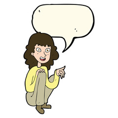 cartoon happy woman sitting and pointing with speech bubble