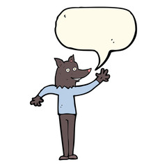 cartoon waving wolf man with speech bubble