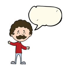 cartoon happy man with mustache with speech bubble