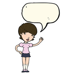 cartoon girl waving with speech bubble