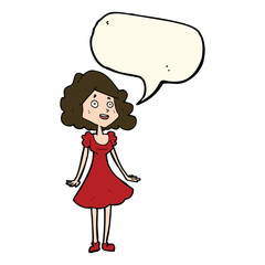 cartoon happy woman in dress with speech bubble
