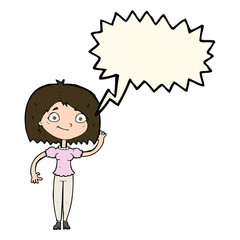 cartoon woman waving with speech bubble