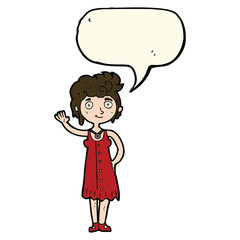 cartoon hippie woman waving with speech bubble