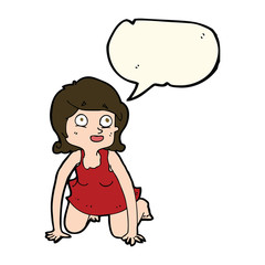 cartoon woman on all fours with speech bubble