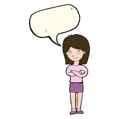 cartoon friendly girl rolling eyes with speech bubble