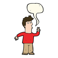 cartoon man giving peace sign with speech bubble