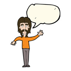 cartoon waving man with mustache with speech bubble