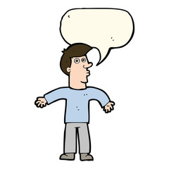 cartoon man shrugging shoulders with speech bubble