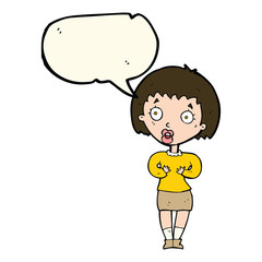 cartoon woman making Who Me? gesture with speech bubble