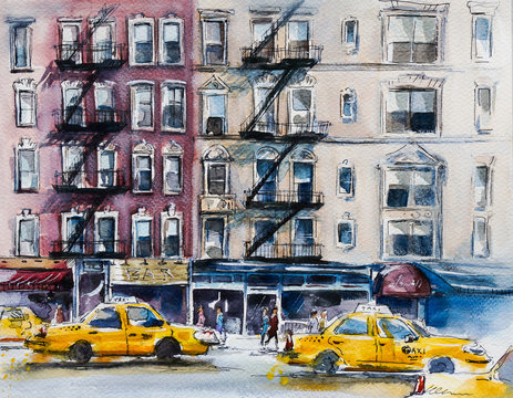 Busy New York street. Watercolor sketch