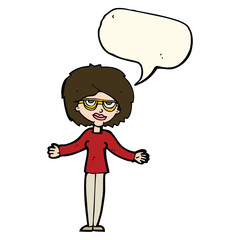 cartoon woman wearing spectacles with speech bubble