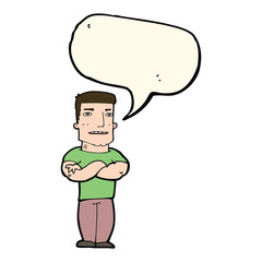 cartoon tough guy with folded arms with speech bubble