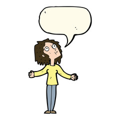 cartoon curious woman looking upwards with speech bubble