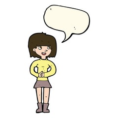 cartoon friendly woman with speech bubble