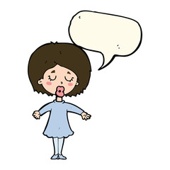 cartoon woman in dress with speech bubble