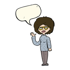 cartoon woman waving with speech bubble