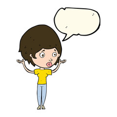 cartoon woman raising hands in air with speech bubble