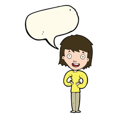 cartoon happy woman with speech bubble