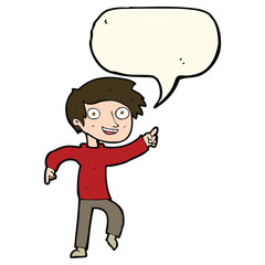 cartoon happy boy pointing with speech bubble