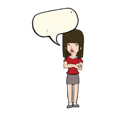 cartoon woman standing with speech bubble