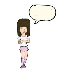 cartoon girl with crossed arms with speech bubble