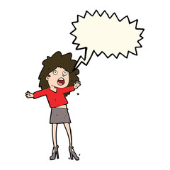 cartoon woman having trouble walking in heels with speech bubble