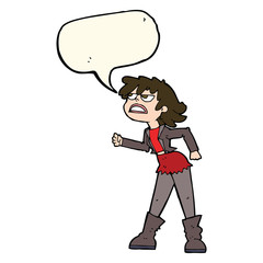 cartoon angry biker girl with speech bubble