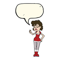 cartoon woman making dismissive gesture with speech bubble