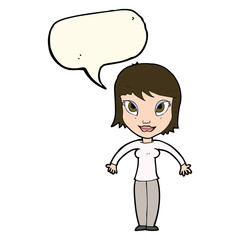 cartoon woman shrugging shoulders with speech bubble
