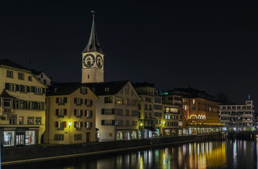 Fototapeta premium embankment of Limmat river in evening, Zurich