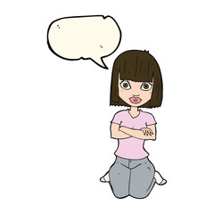 cartoon woman kneeling with speech bubble