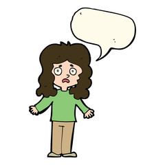 cartoon worried woman with speech bubble