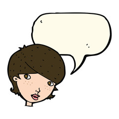 cartoon friendly woman with speech bubble