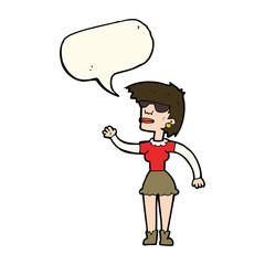 cartoon woman in spectacles waving with speech bubble