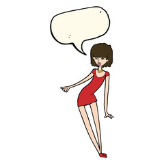 cartoon woman in dress leaning with speech bubble