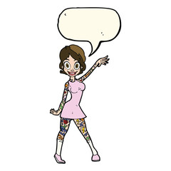 cartoon woman with tattoos with speech bubble
