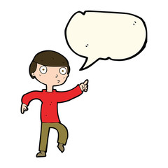 cartoon boy pointing with speech bubble