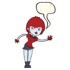 cartoon vampire girl welcoming with speech bubble