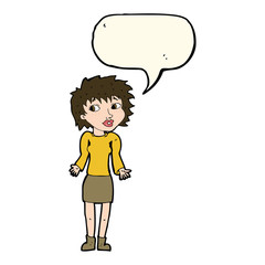 cartoon woman shrugging shoulders with speech bubble