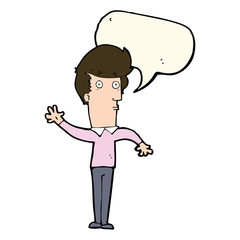 cartoon nervous man waving with speech bubble