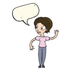 cartoon woman waving with speech bubble