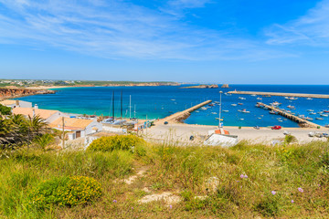 View of fishing port in Sagres town on coast of Portugal in Algarve region