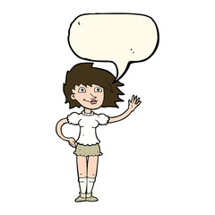 cartoon woman waving with speech bubble
