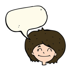 cartoon happy female face with speech bubble